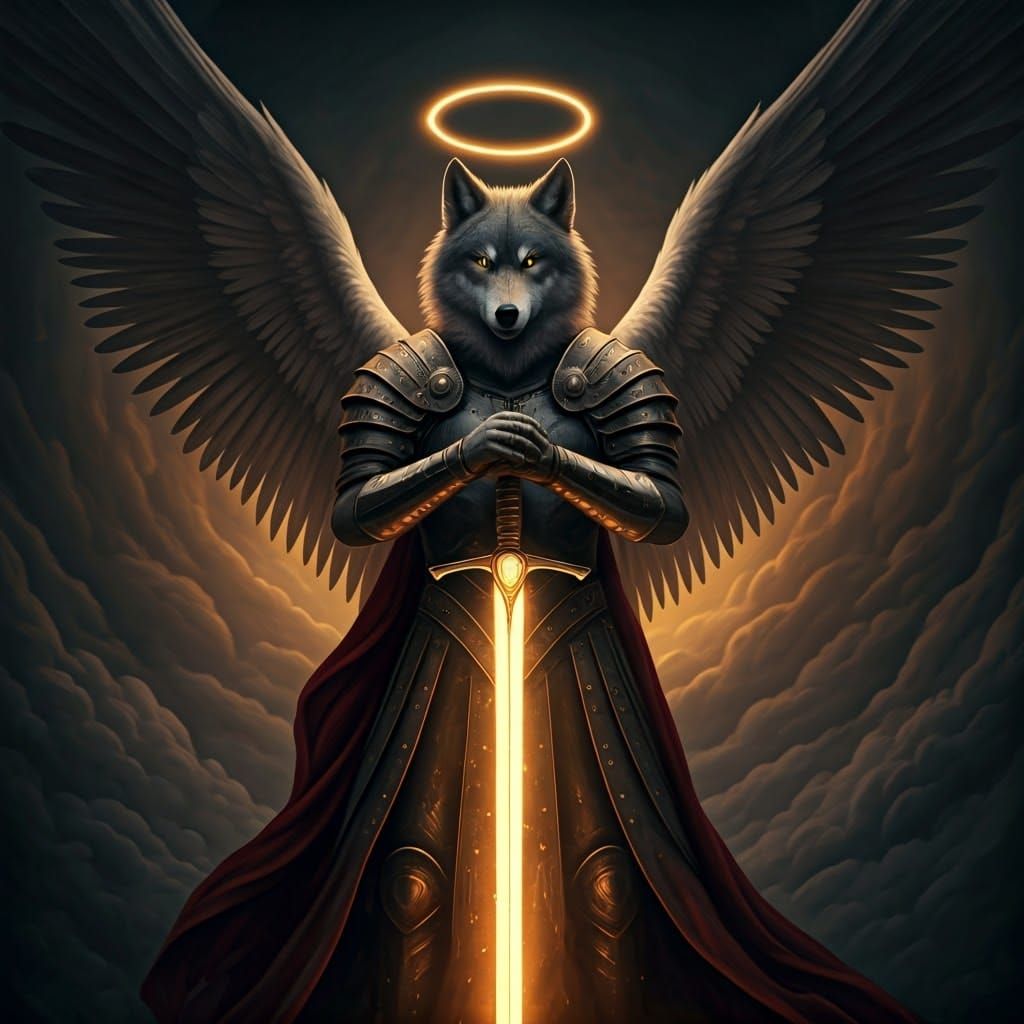 Ethereal Angel with Wolfish Traits and Radiant Sword in Dark...