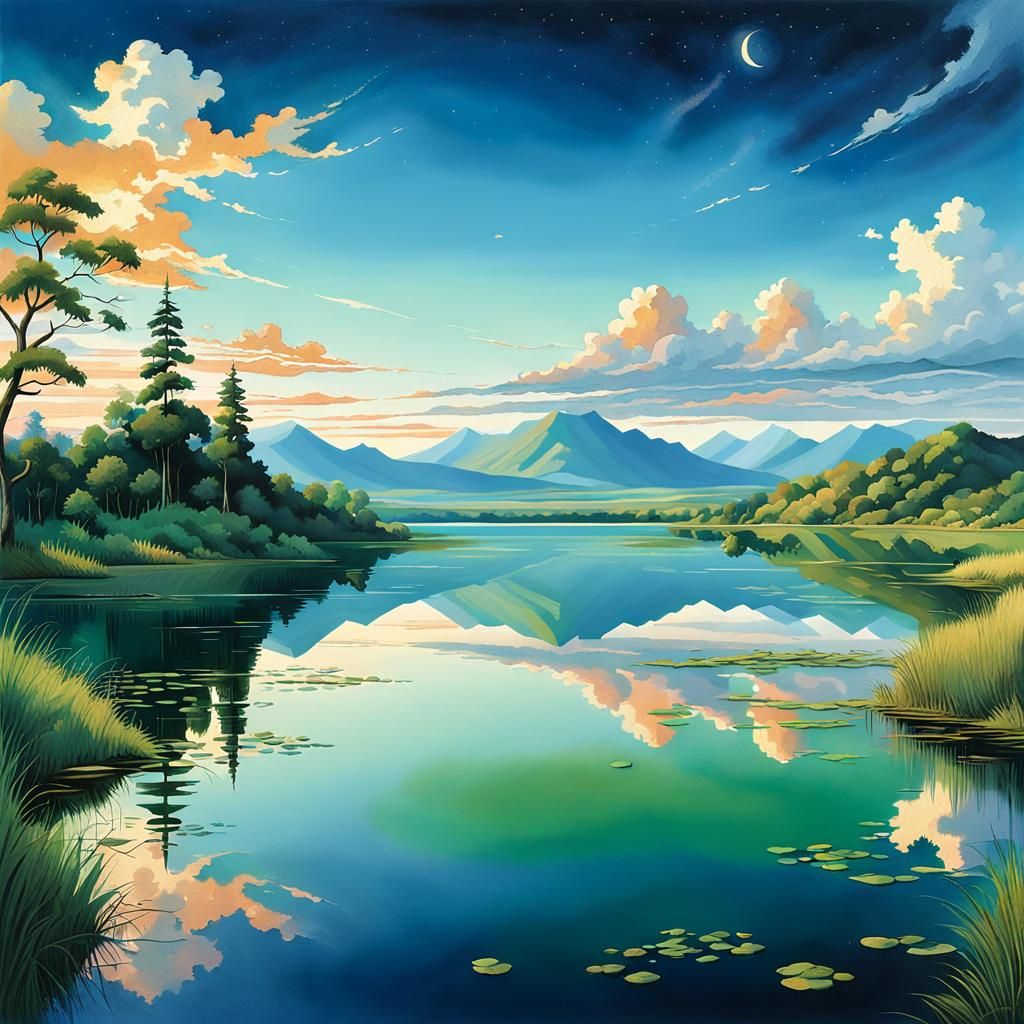 Vast Lake Reflects Celestial Sky at Dawn or Dusk