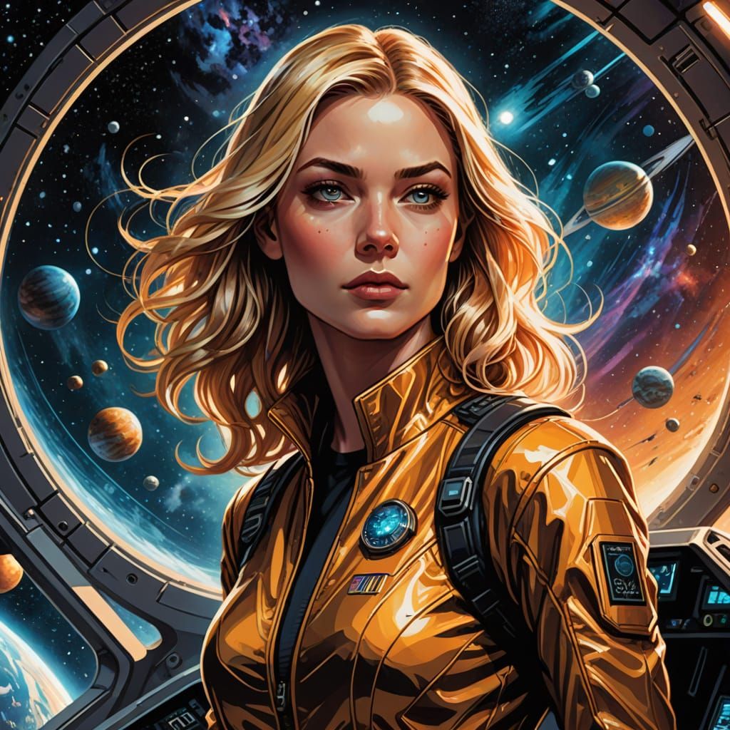 Woman Pilot in Futuristic Spaceship, Comic Book Style