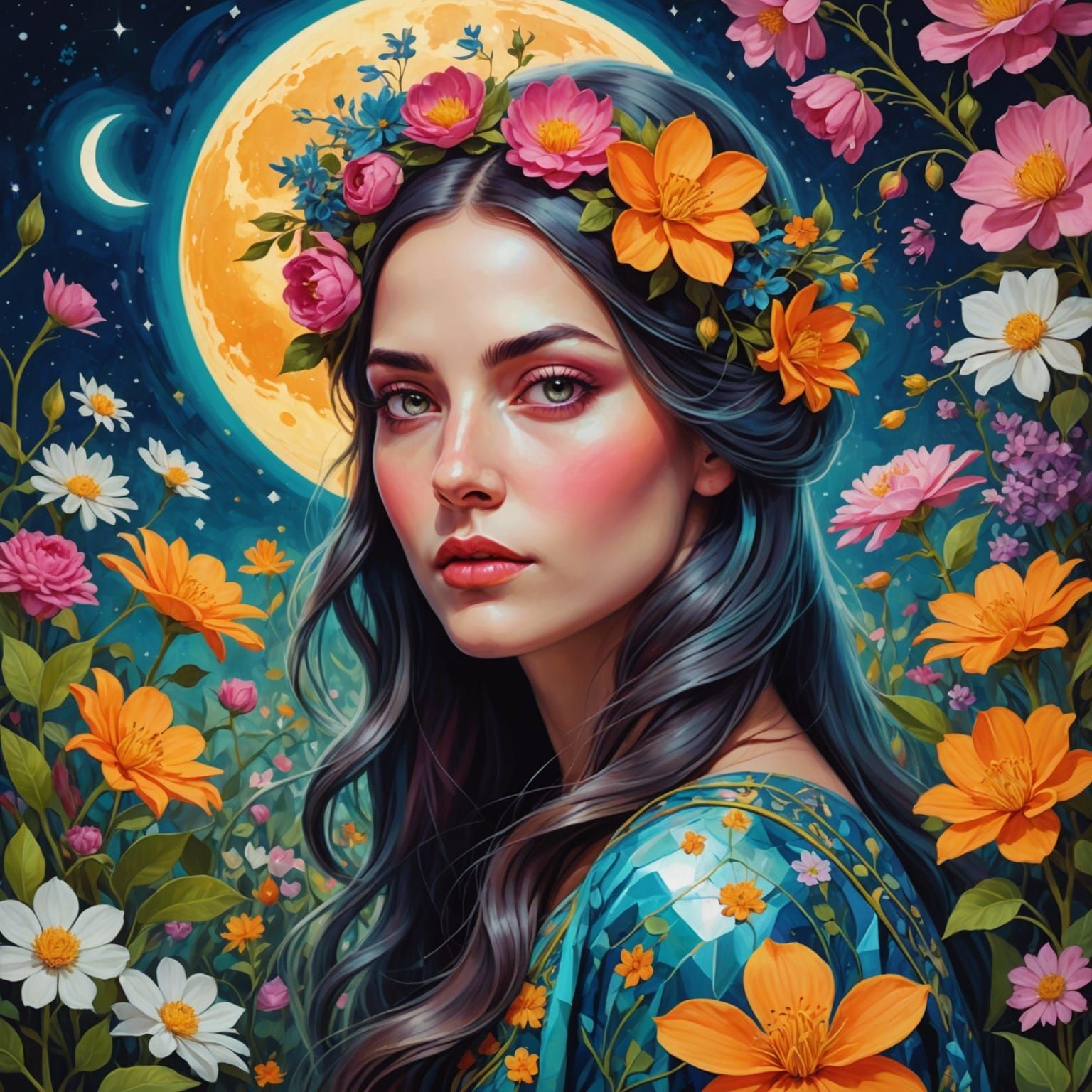 Surreal Woman in Flower Garden with Cosmic Moon