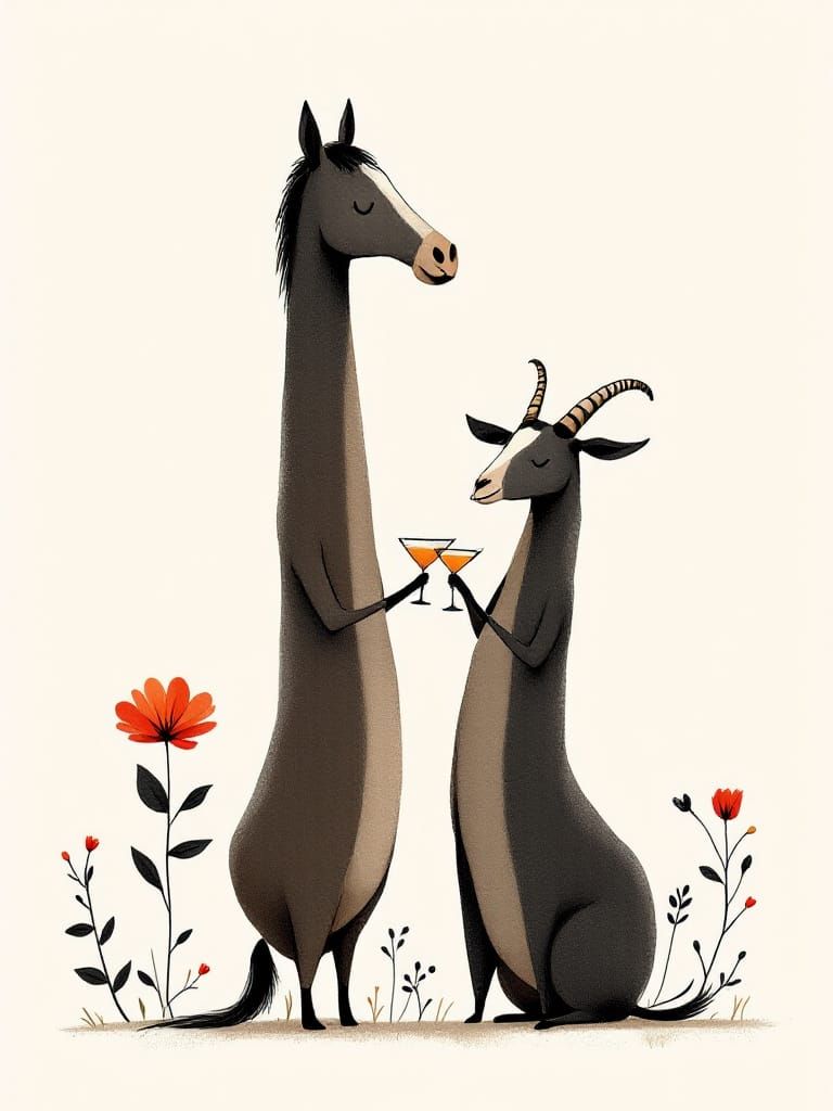 Abstract Horse and Goat Toasting in Minimalist Style
