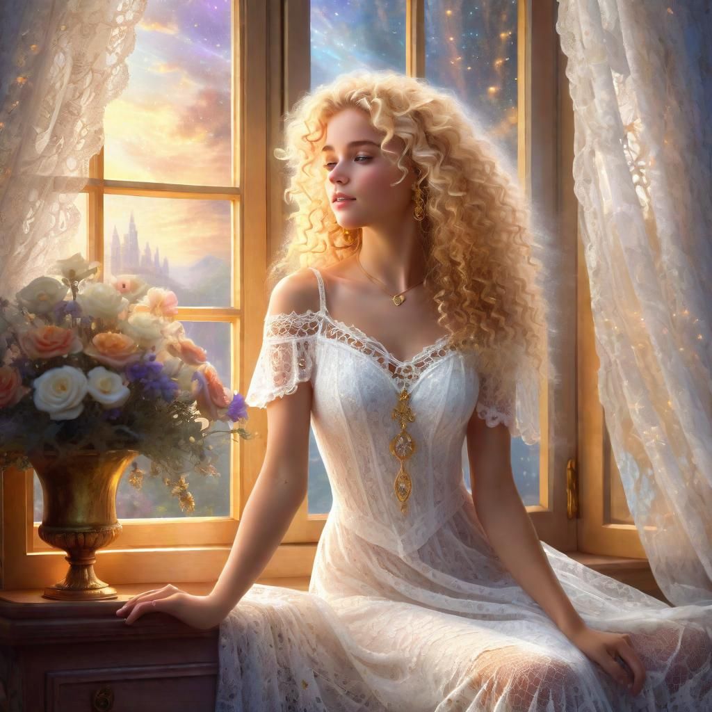 Ethereal Woman in Lace Dress by Open Window