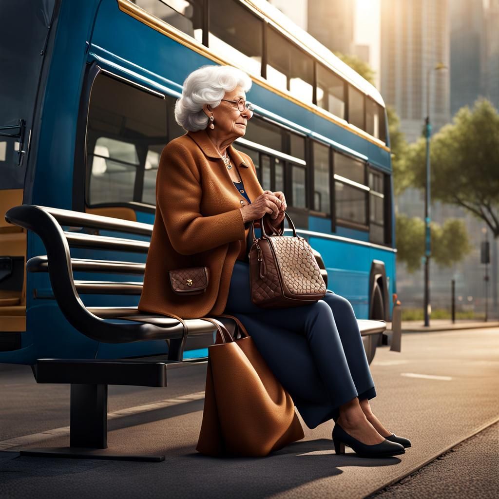 Grandmother at Bus Stop in Photorealistic Style