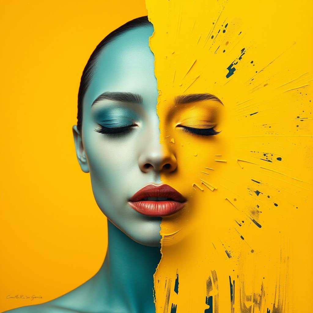 Teal Woman Portrait with Yellow Paint Splashes