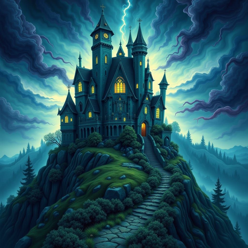 Eerie Gothic Mansion Watercolor Under Stormy Sky