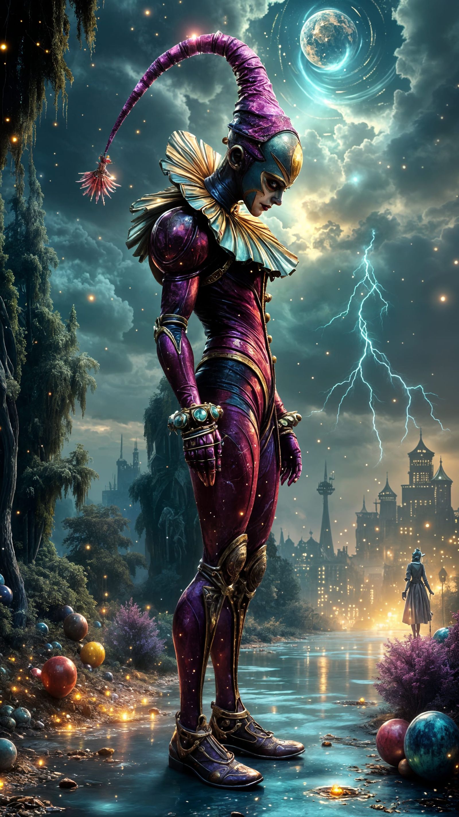 Melancholic Steampunk Harlequin on Desolate Carnival Ground