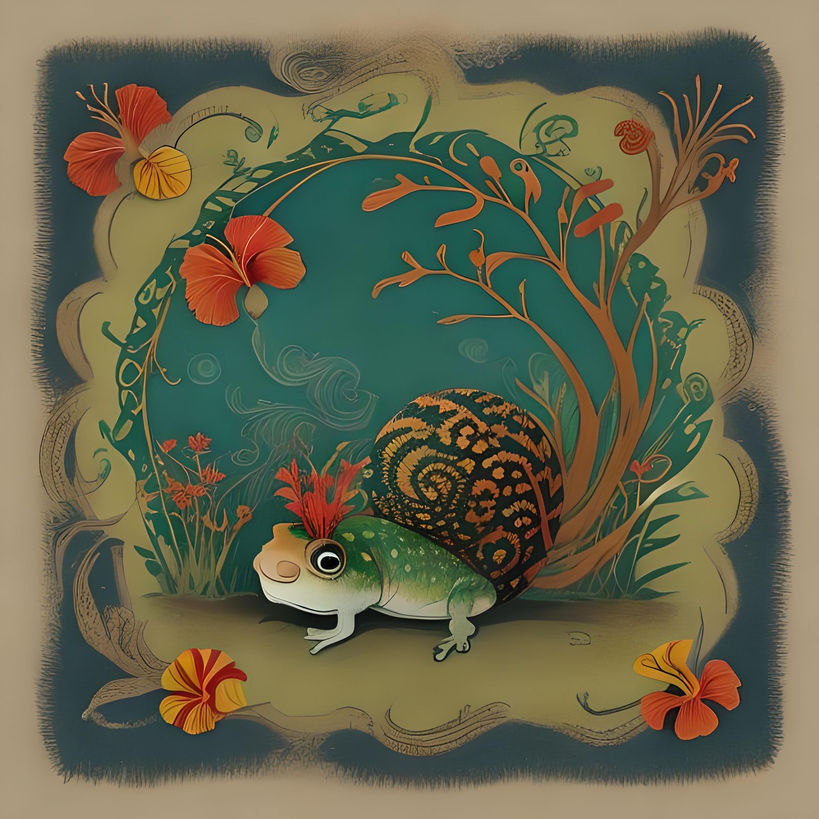 Toad in Tropical Flowers, Fantasy Art