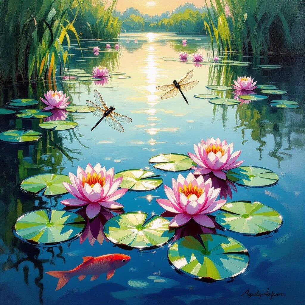 Serene Pond with Lily Pads and Dragonflies