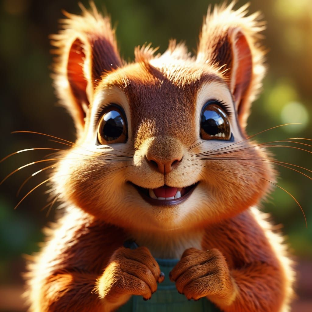 Mischievous Squirrel Close-up in Pixar Cartoon Style