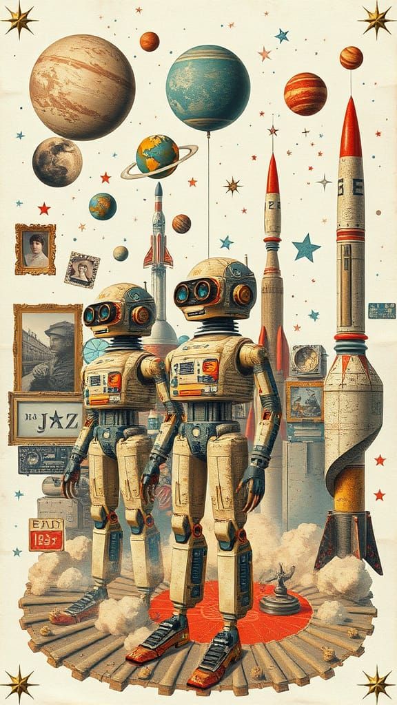 Retro-Futuristic Space Collage in Distressed Graphic Style