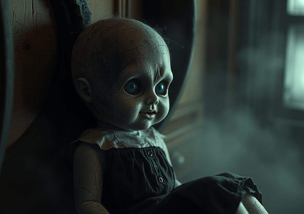 Cursed Antique Doll in Gothic Horror Scene