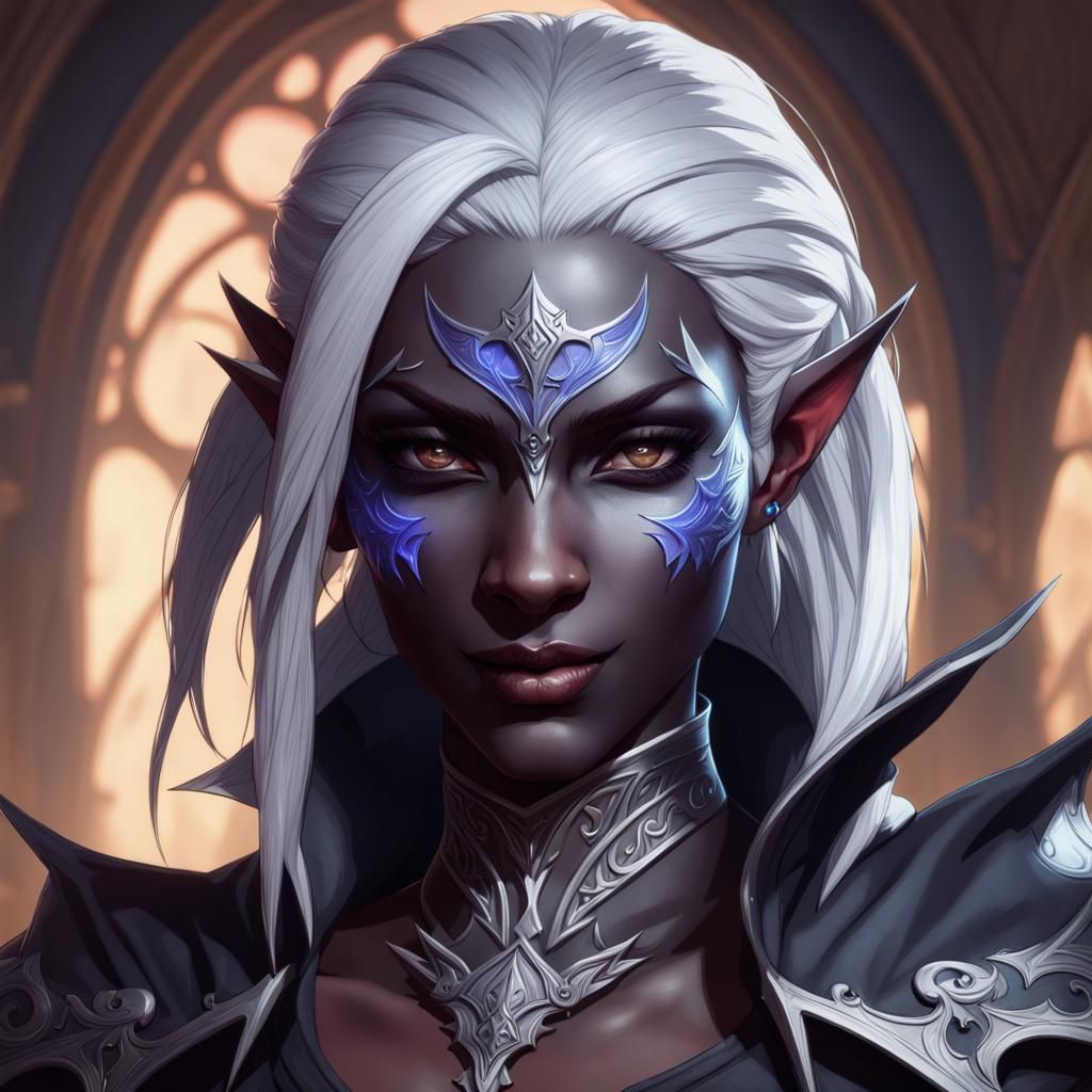 Female Drow Assassin Portrait in Art Nouveau Style