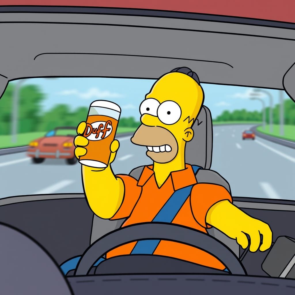 Homer Simpson Driving with Duff Beer