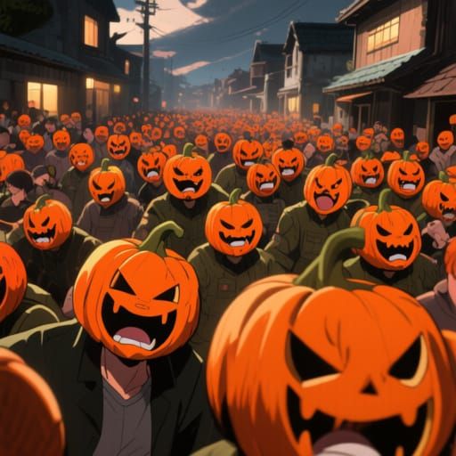 Pumpkin Mask Army Overruns Village in Anime Cartoon Style