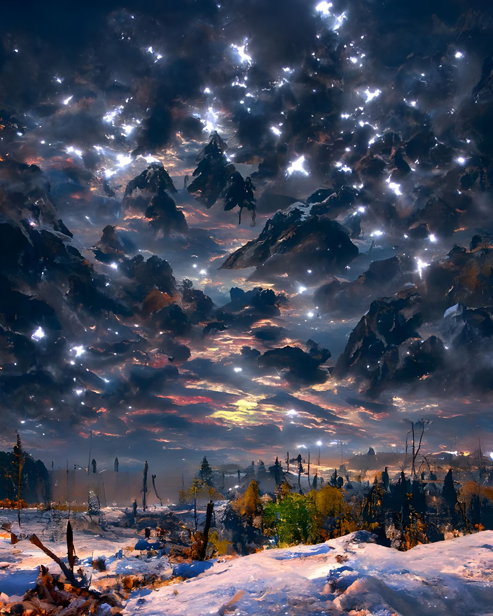 Post-Apocalyptic Winter Landscape with Aurora Borealis