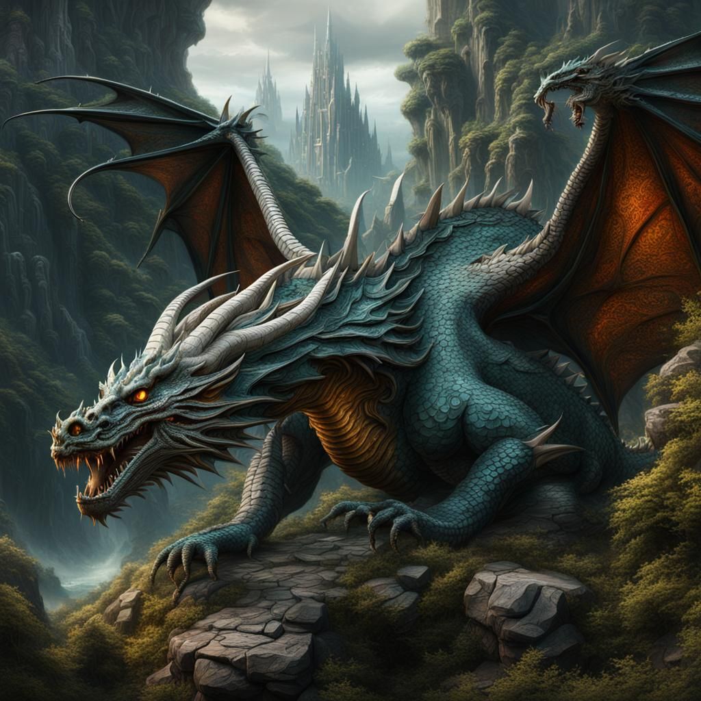 Epic Dragon Stereograph in Digital Matte Painting Style
