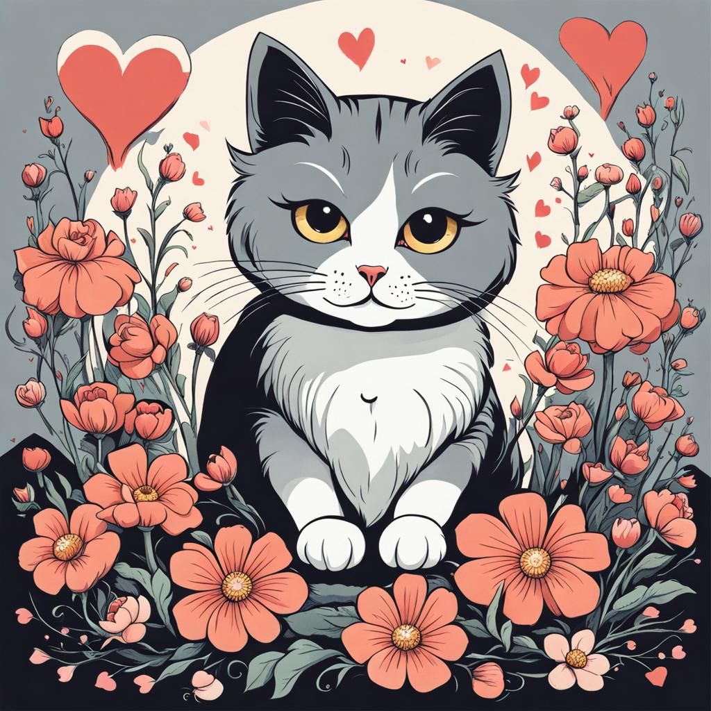 Cute Cat Surrounded by Flowers, in Gothic Style