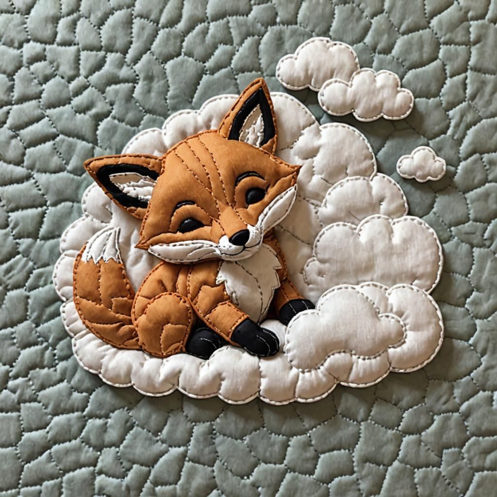 Hand-Stitched Quilted Fox Cub Sleeping on Cloud