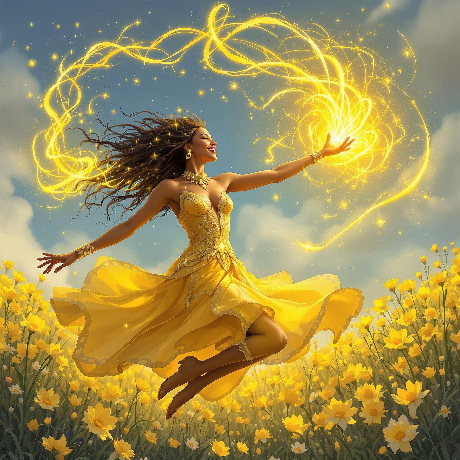 Enchantress Casting Spell in Sunny Meadow, Magical Realism