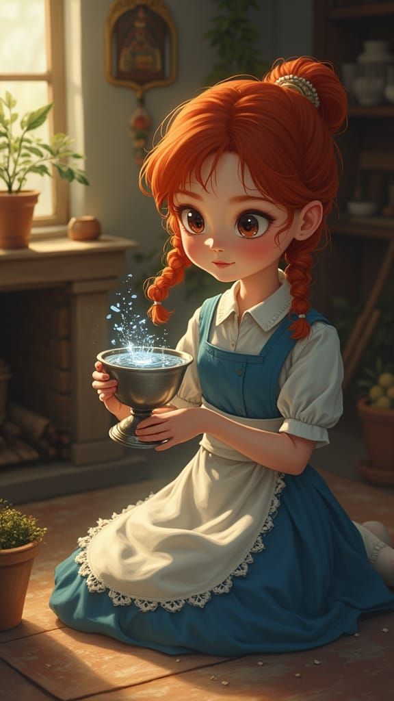 Woman Offers Cup with Fish, Digital Painting