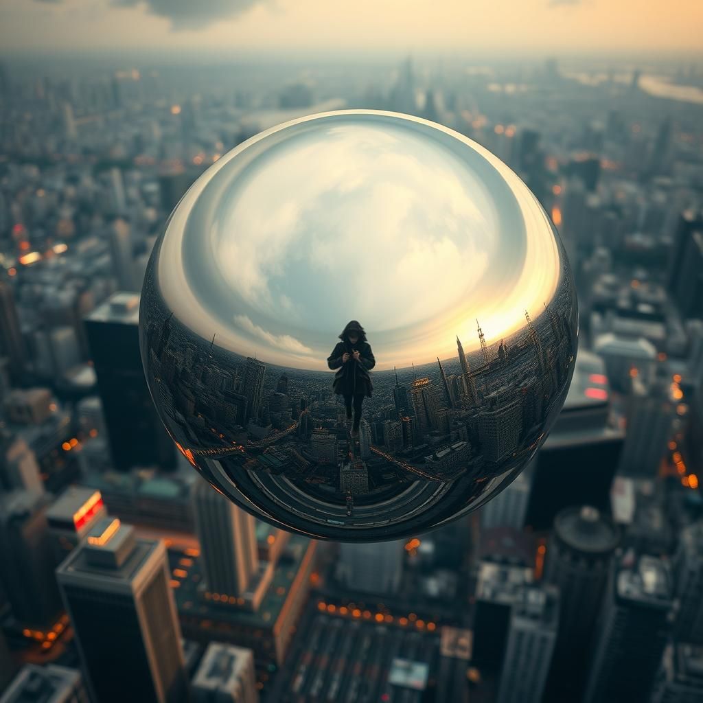 Mirror Sphere Over Metropolis in Cinematic Style