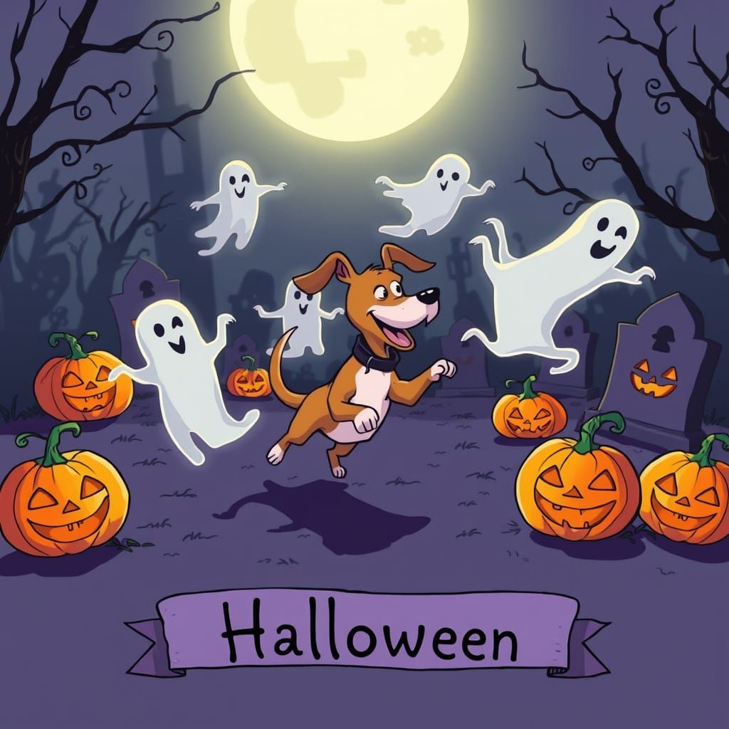 Barkie The Cartoon Dog Chases Ghosts in Moonlit Graveyard