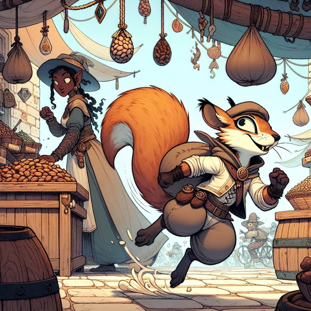 Mischievous Squirrel Steals Nuts in Fantasy Marketplace