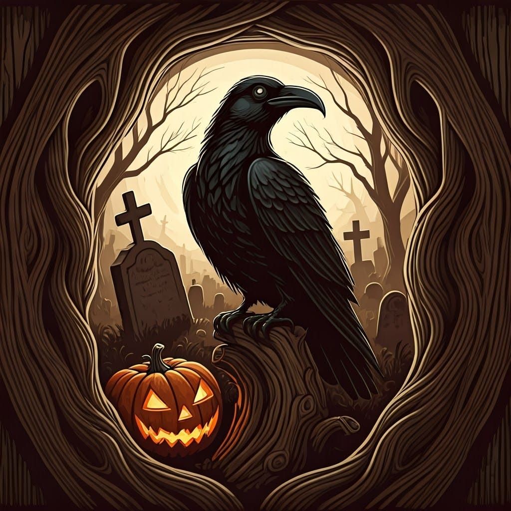 Eerie Halloween Totem in Graveyard: Woodcut Illustration