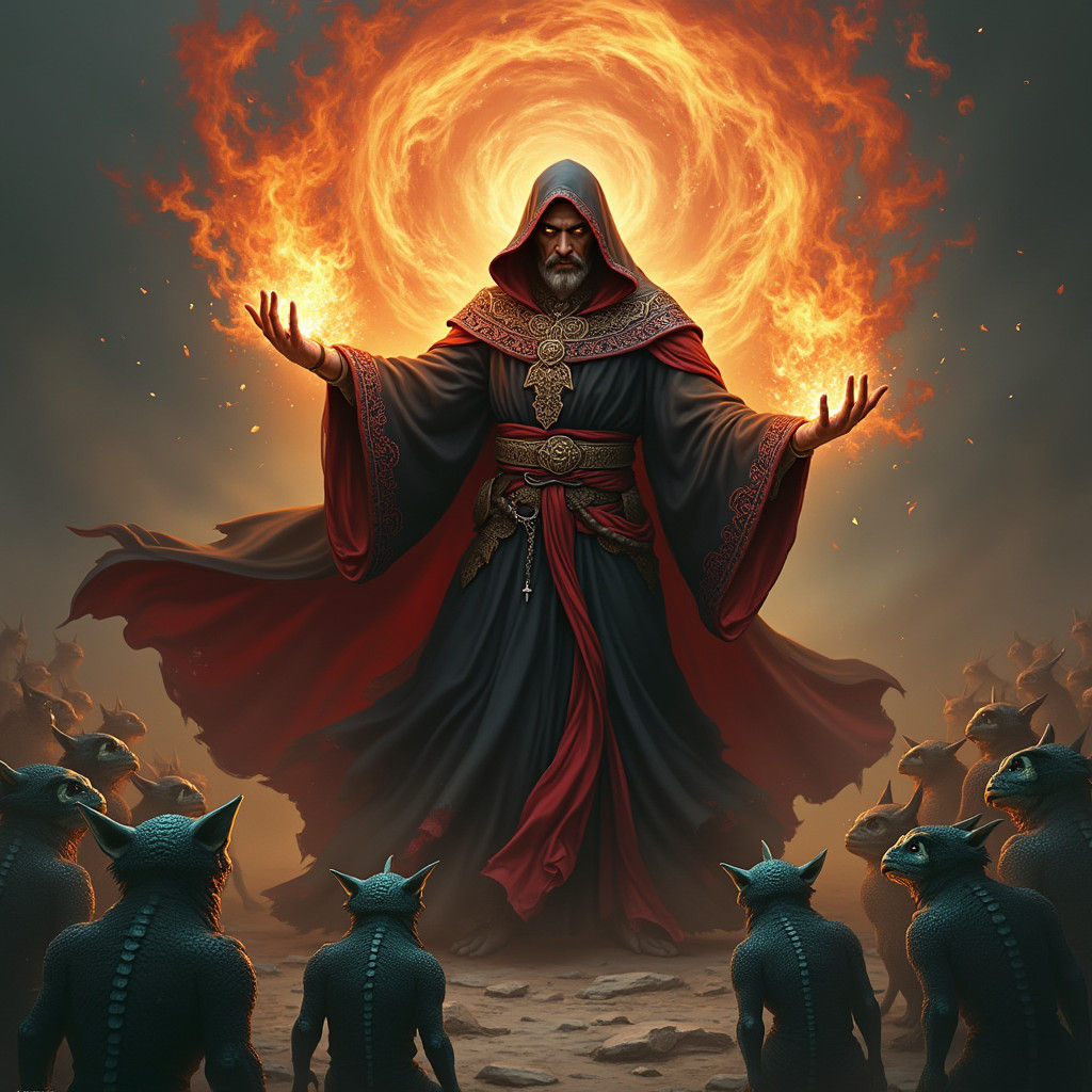 Majestic Pyromancer with Kobold Minions, Digital Matte Paint...
