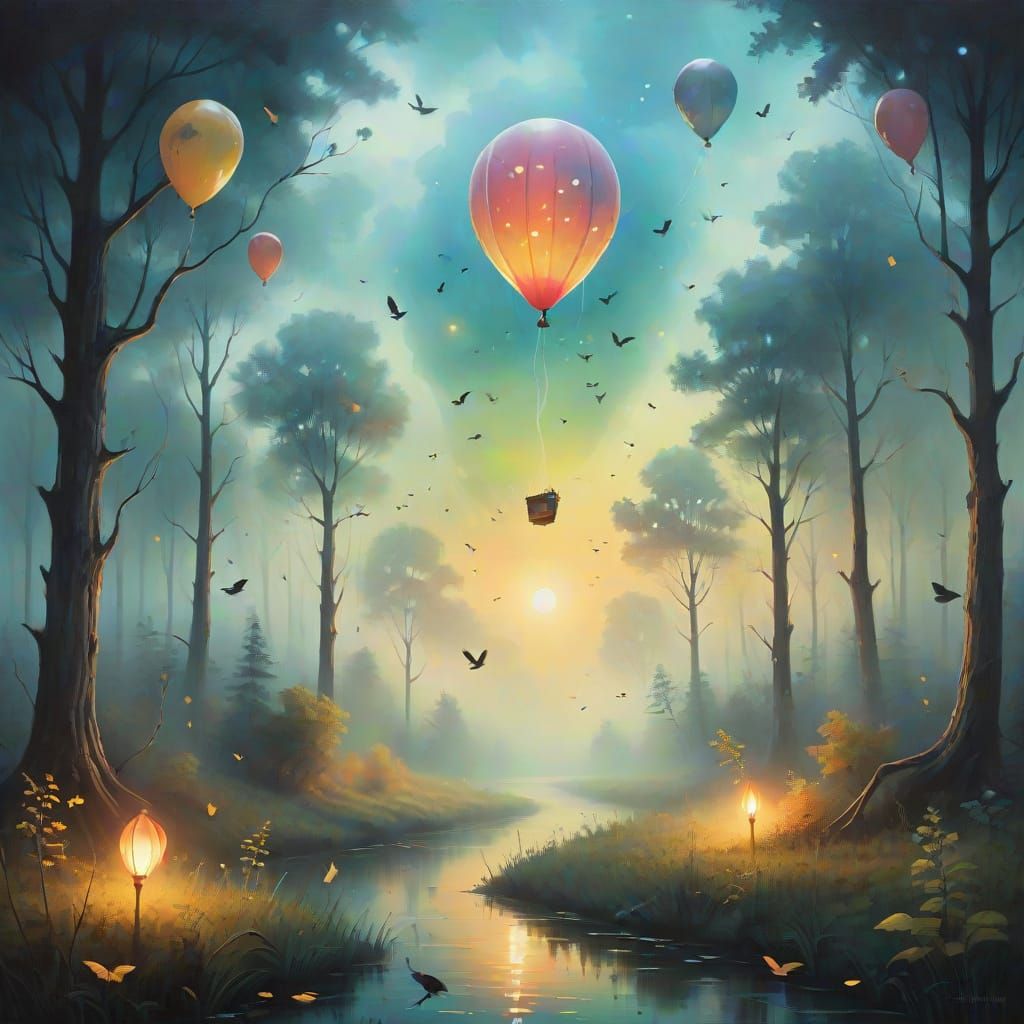 Surreal Balloon Journey Through Haunted Forest