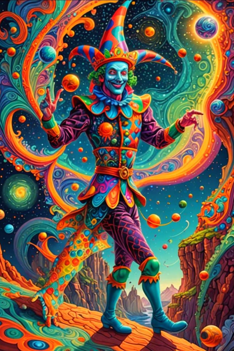 Colorful Jester Dancing on a Cliff in Alien Landscape
