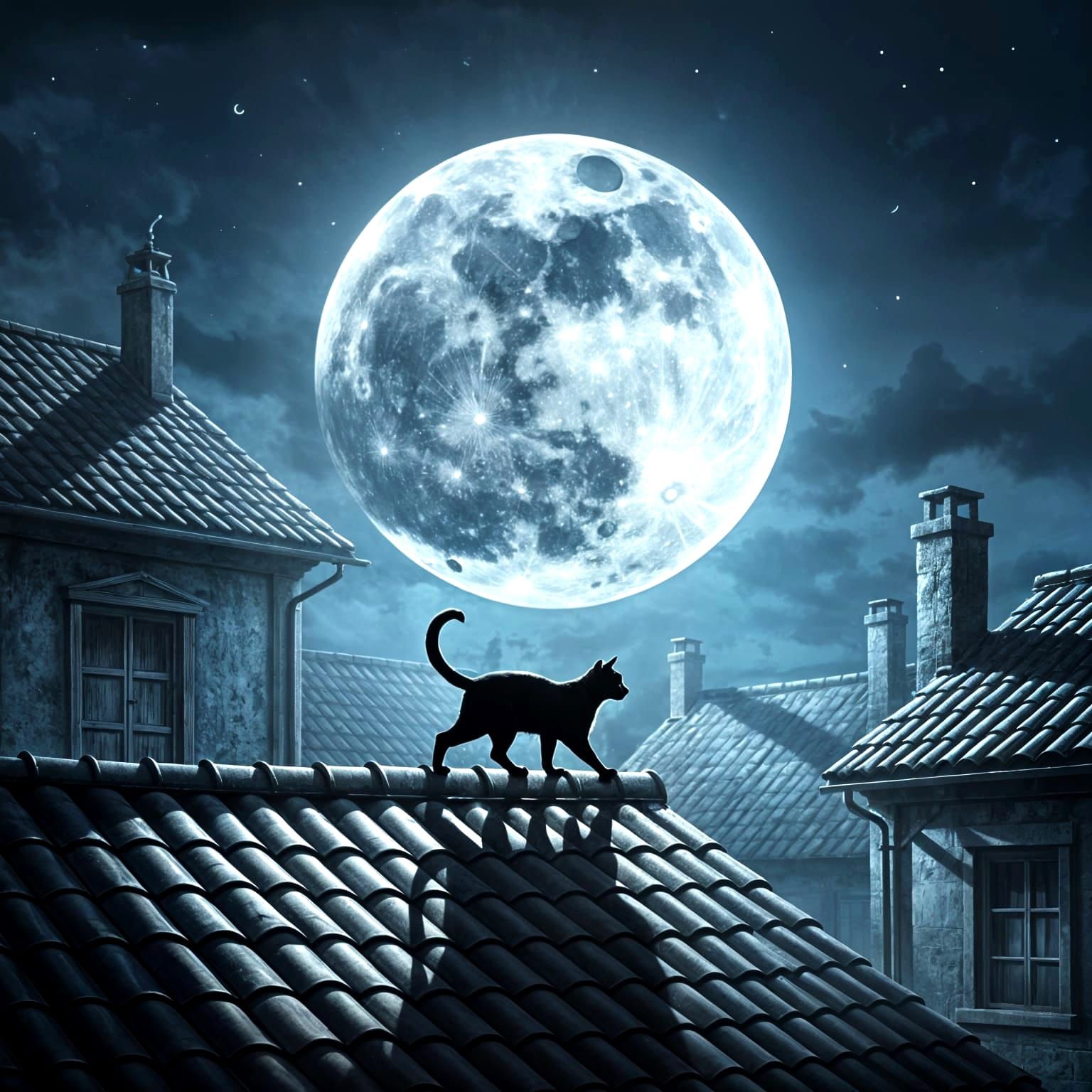 Silhouette Cat Stalking Under Giant Moon