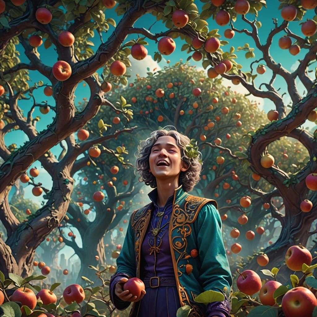 Surreal Singer in Dreamlike Apple Orchard, Fantasy Art