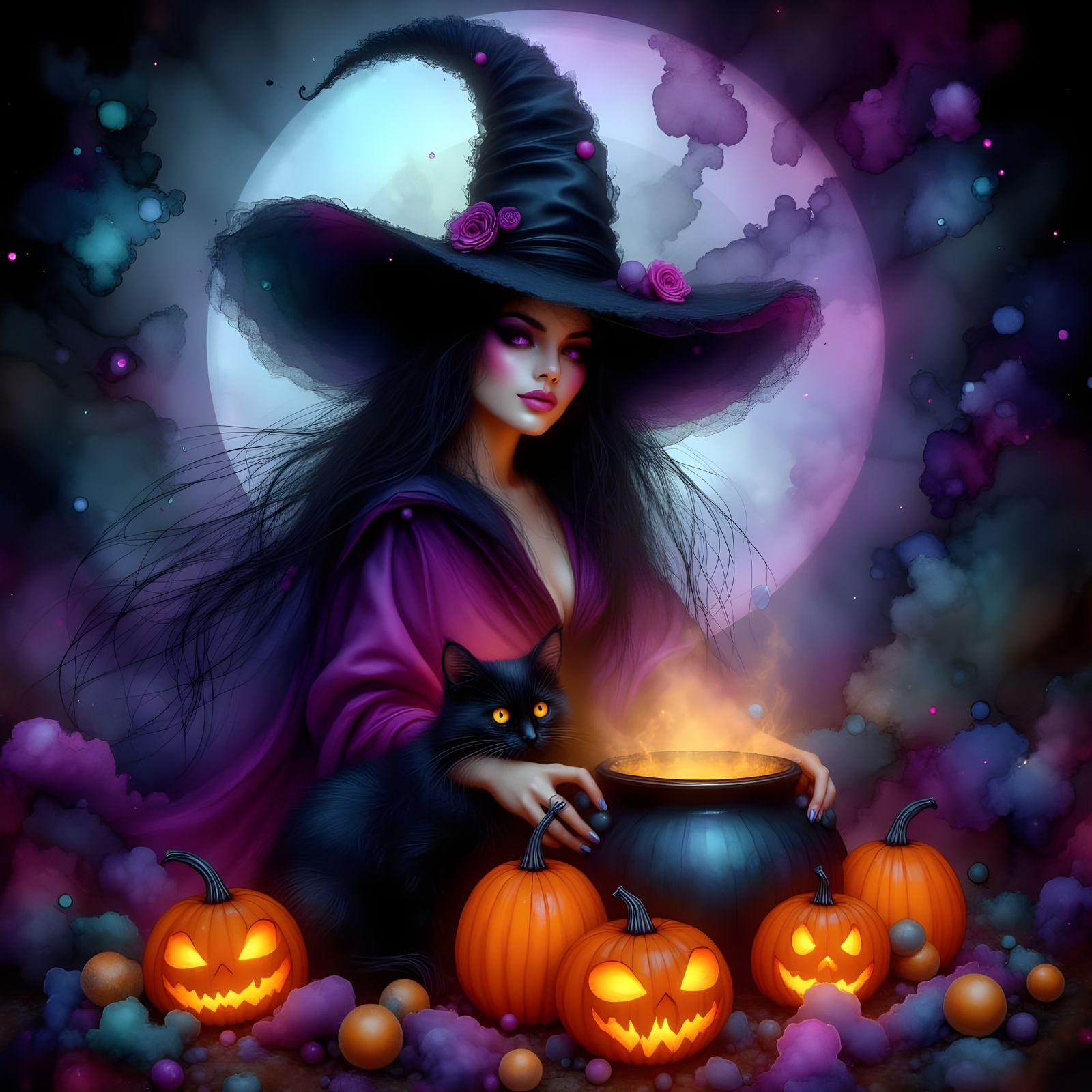 Mystical Witch Stirs Smoky Cauldron with Black Cat and Pumpk...