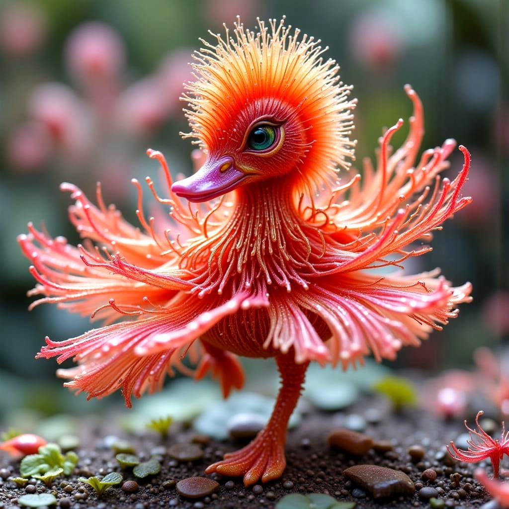 Rainbow Duckling Dancing in Intricate Flower