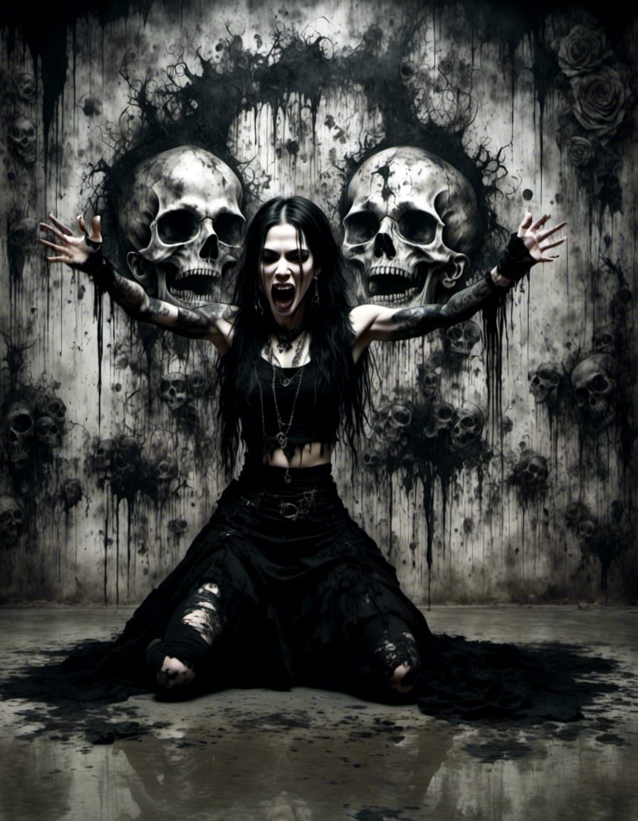 Gothic Woman Screaming in Terror with Skulls