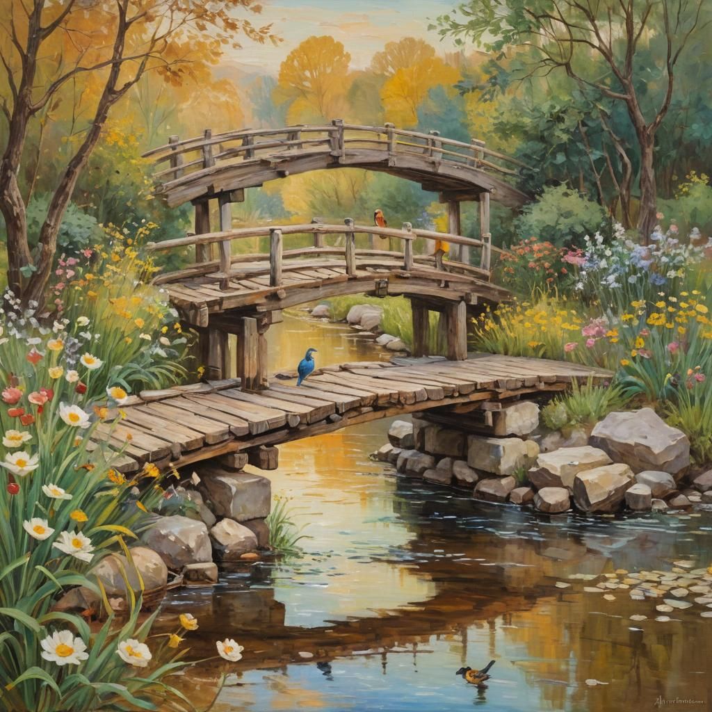 Birds Feast on Bridge in Oil Painting Style