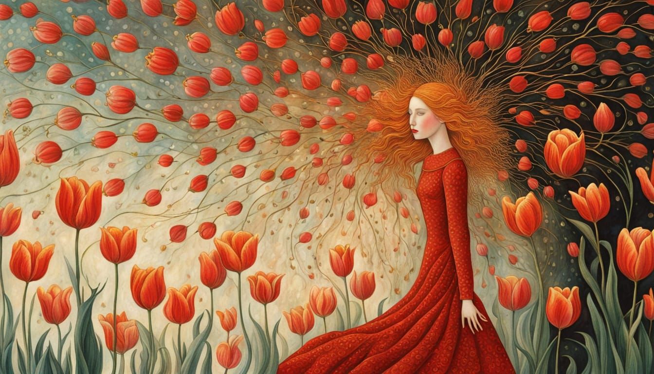 Whimsical Goddess Blodeuwedd in Vibrant, Dreamlike Klimt-Ins...