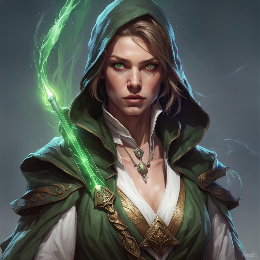 Green-Eyed Mage Assassin Portrait in Hyperdetailed Digital A...