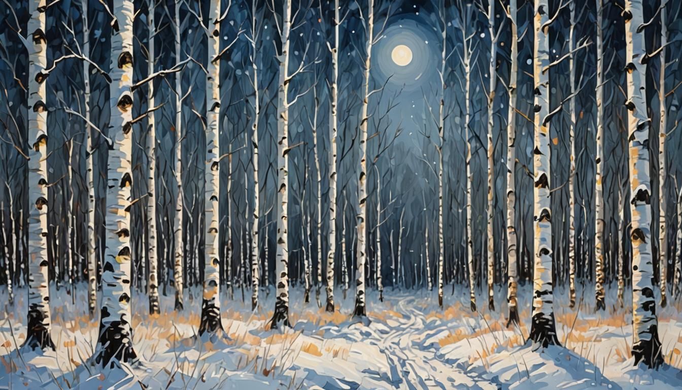 Moonlit Birch Forest Scene in Impressionist Snowfall