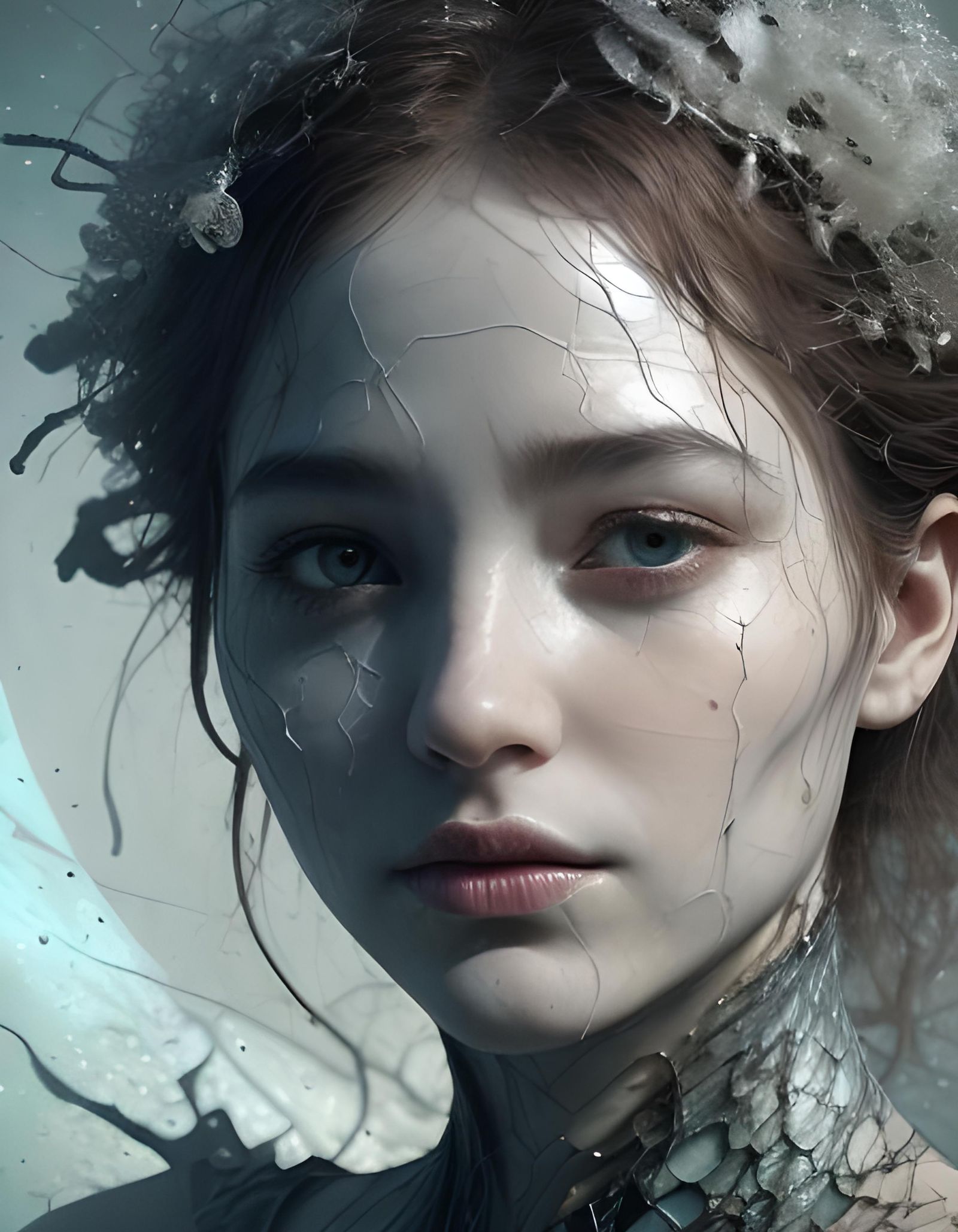 Ethereal Android Portrait with Fingerprint Texture