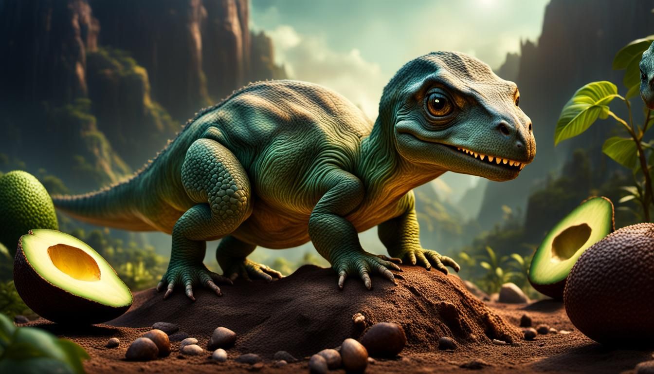 A little dinosaur and an avocado