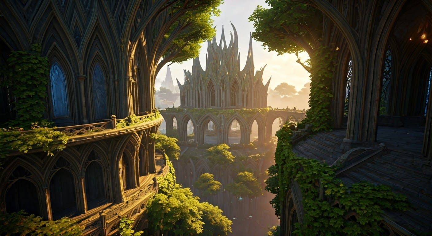 Elven Metropolis in Vibrant, Futuristic Enchanted Forest