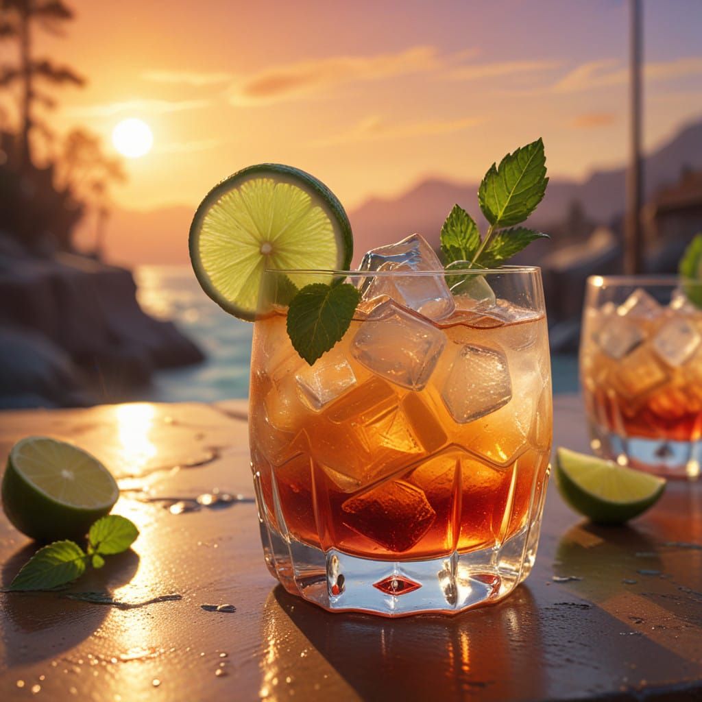 Colorful Cocktail in Golden Sunset Light