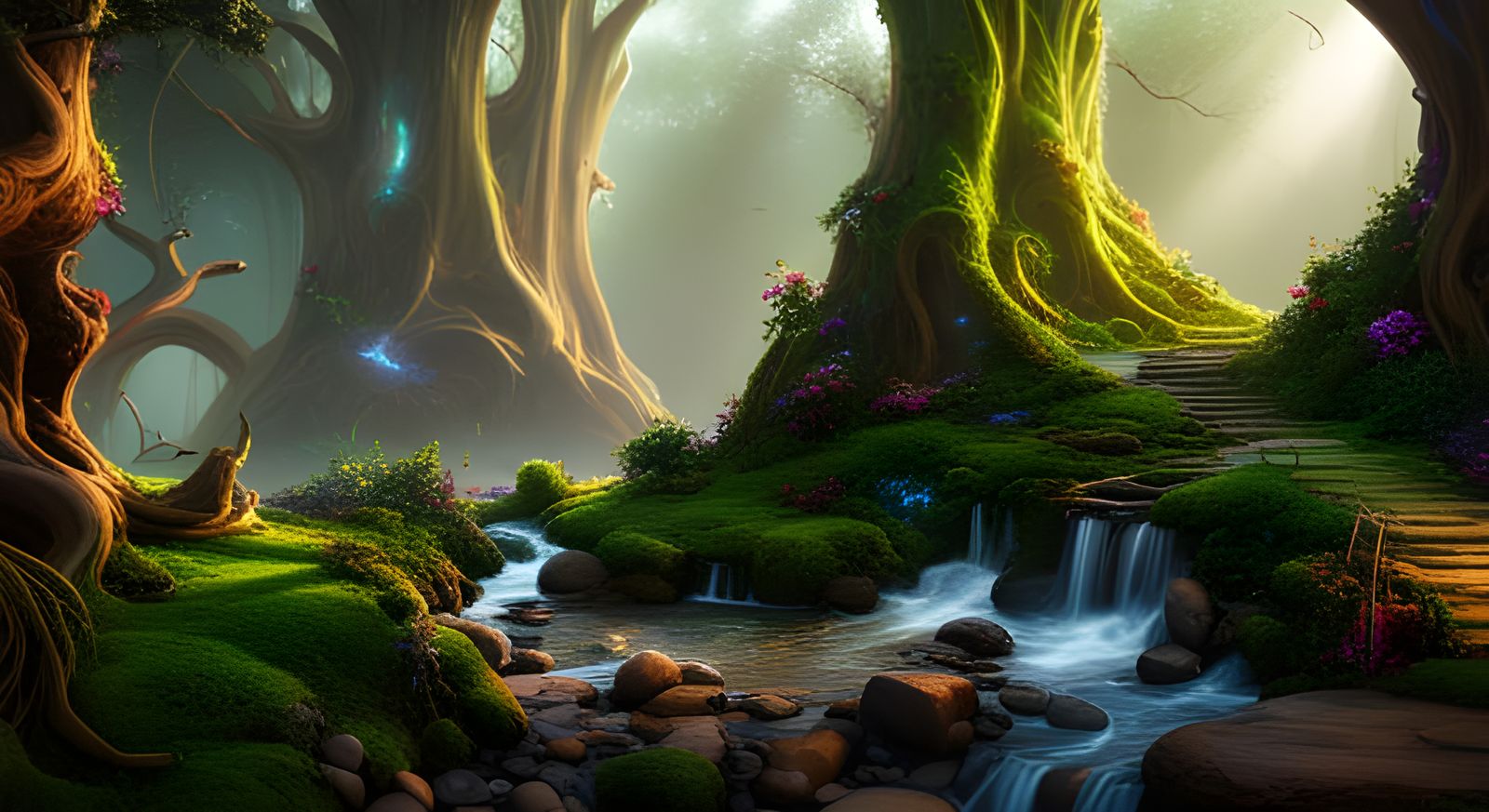 Mystical Forest with Colorful Lights