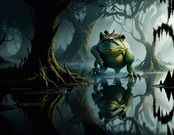 Menacing Bullywug in Mist-Shrouded Swamp, Cinematic Fantasy