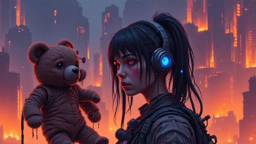 Apocalyptic Glyphs: Woman with Teddy Bear in Dystopian Ruins