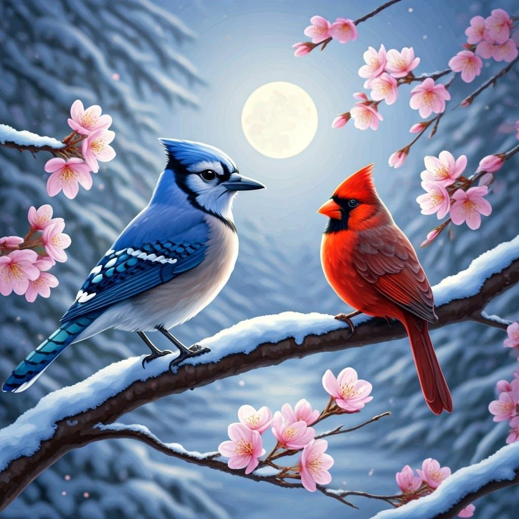 Blue Jay and Cardinal in Blossom, Dreamlike Illustration