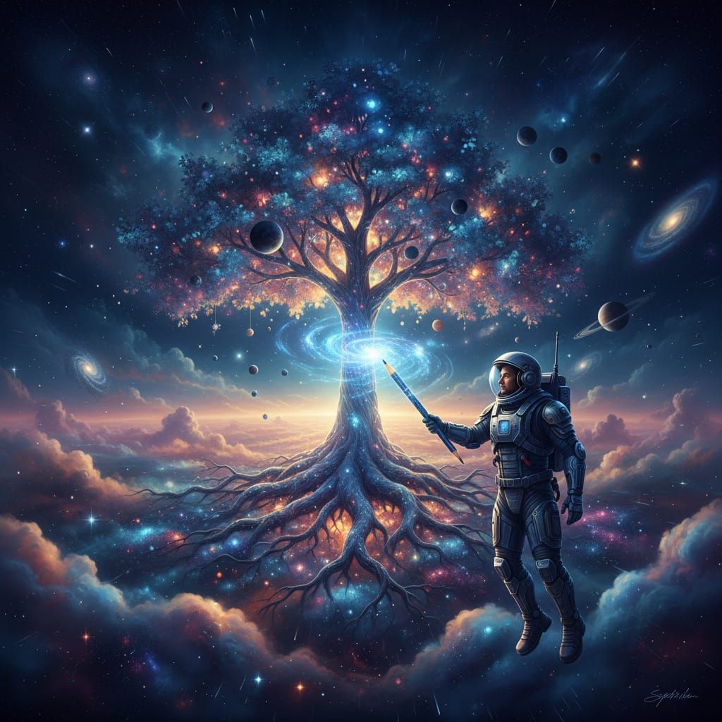 Man Creates Cosmic Tree in Starry Space