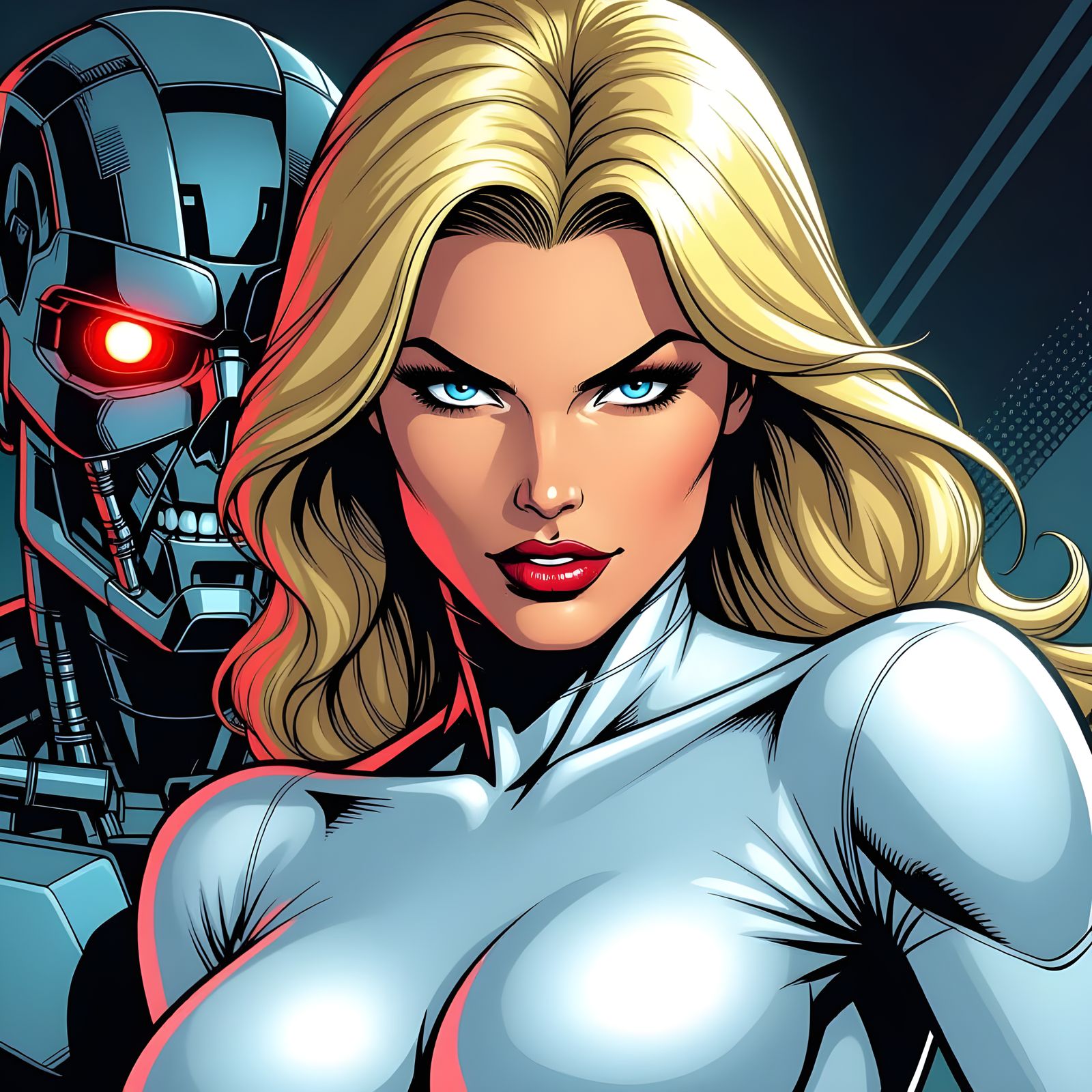 Emma Frost in Retro Comic Style Facing Terminator
